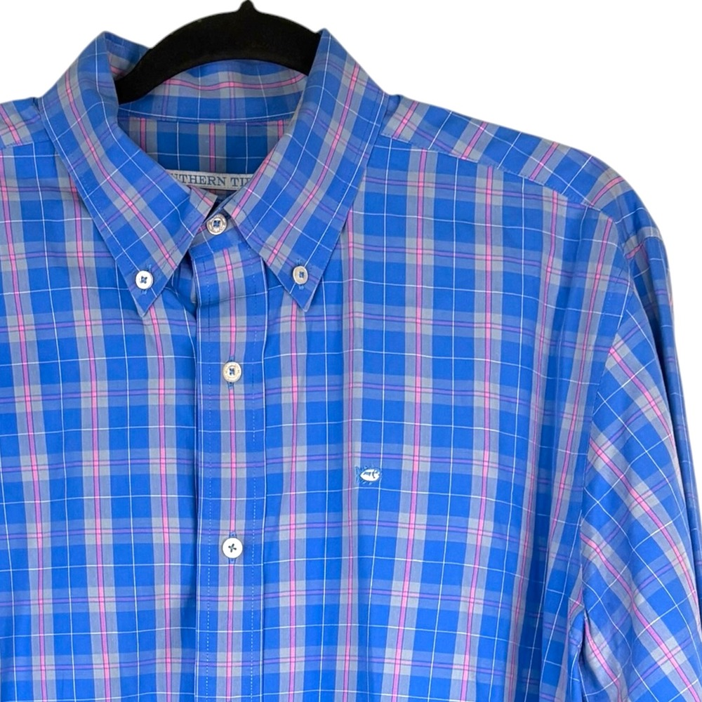 Southern Tide Mens Large Button Down Shirt Blue Pink Plaid Long Sleeve Cotton